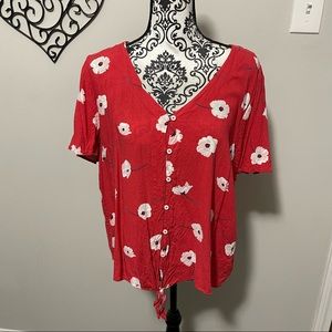 Red (tie in front) Shirt With Pink Flowers